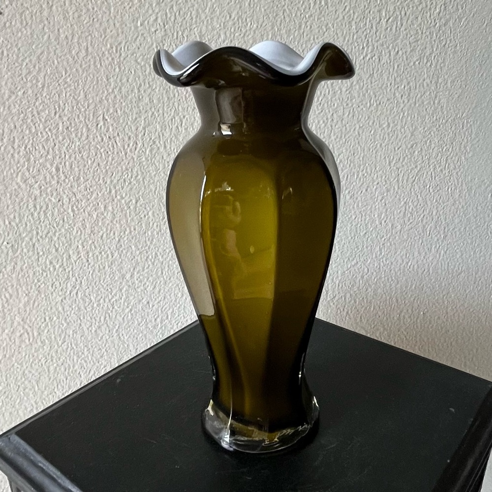 COATED GLASS Vase Vintage Olive 🫒 Green and White Inner